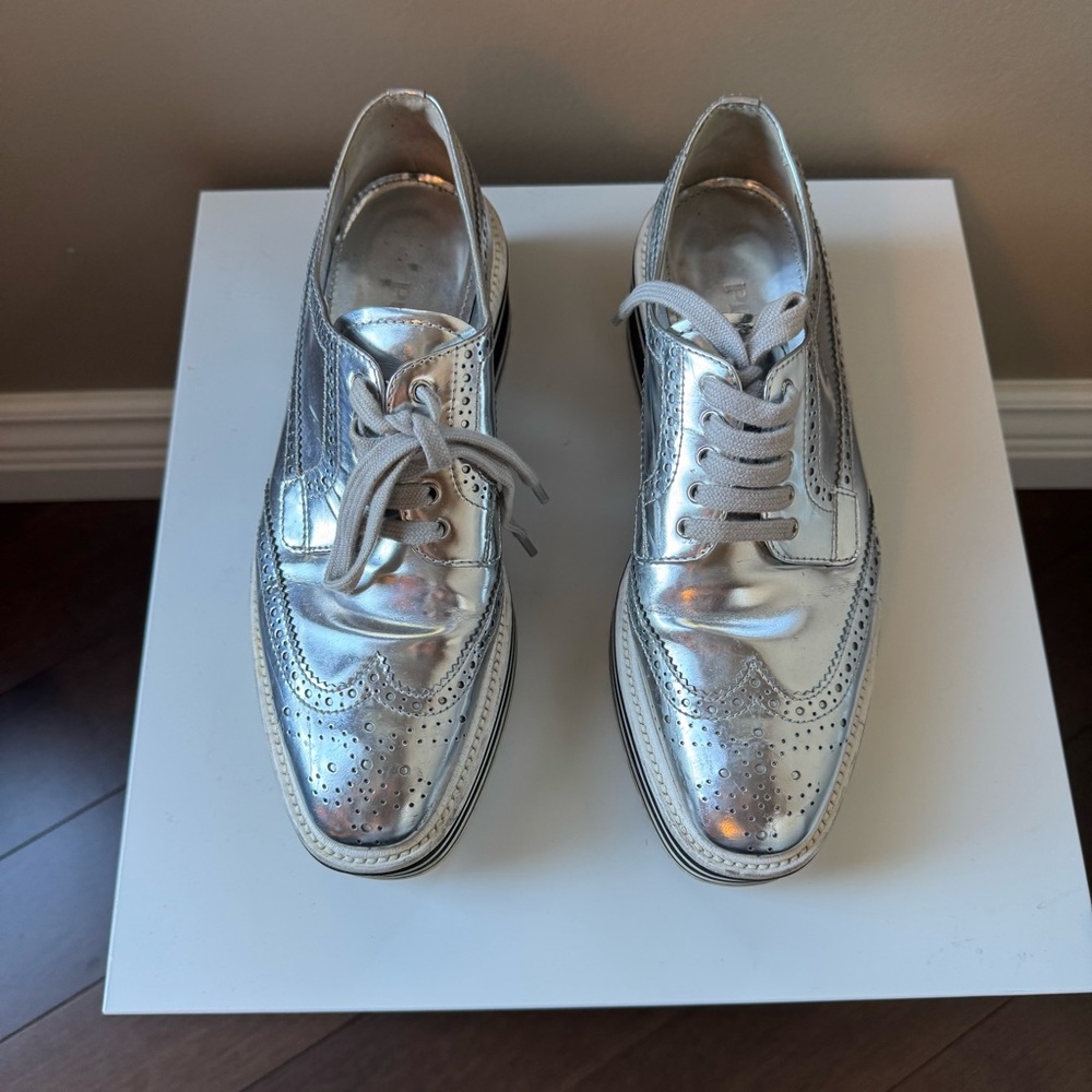 Prada Metallic Silver Leather Platform Brogue Derby Oxfords 23cm Cyberpunk Space - Picture 10 of 11